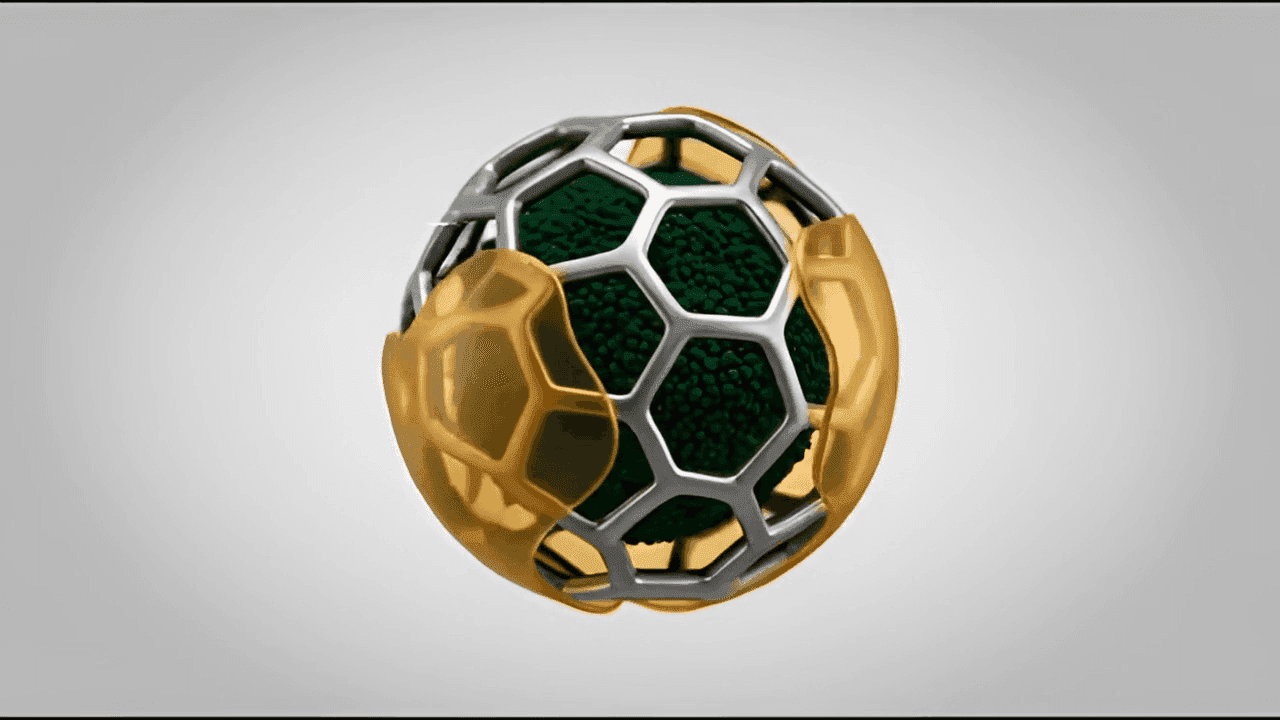 Green micro-granule sphere encased in a silver hexagonal lattice with gold outer shell