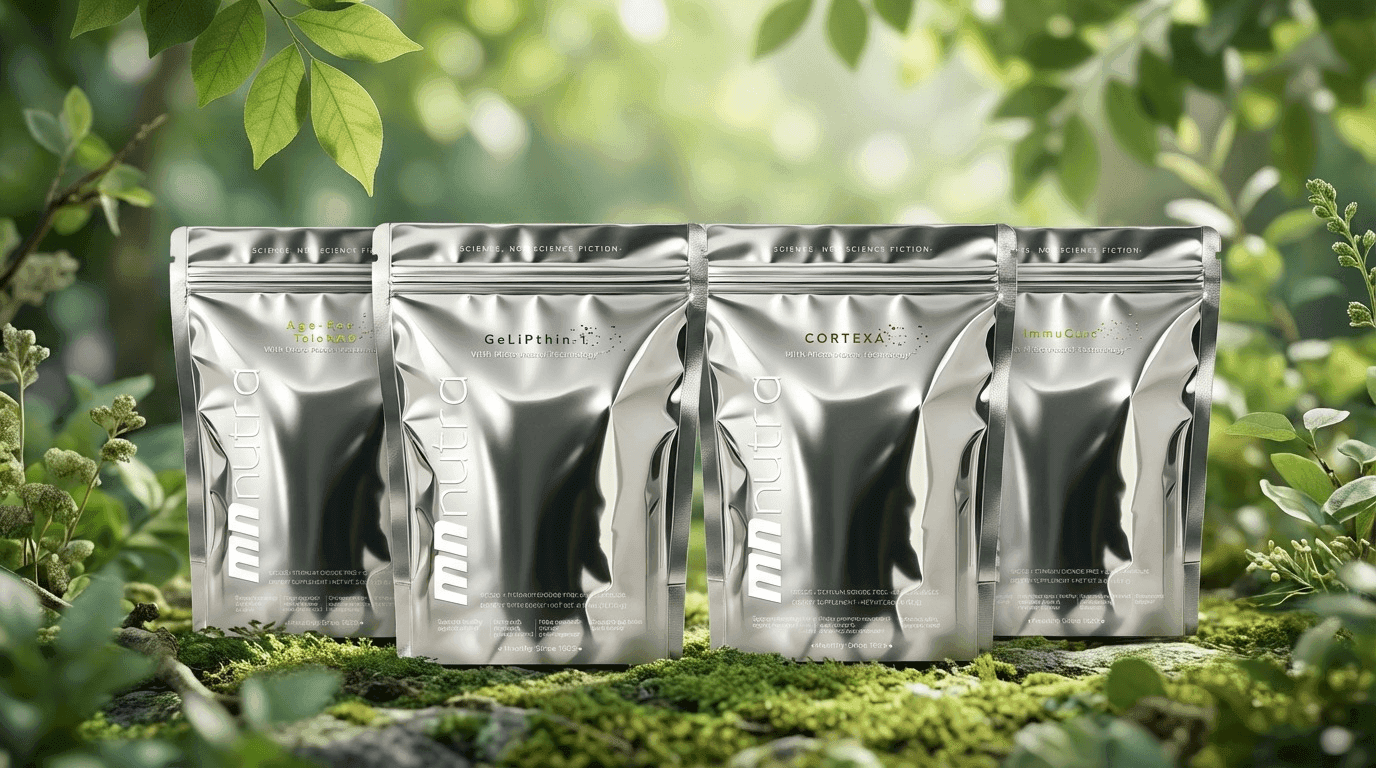 Four MN Nutra pouches resting on a mossy rock surrounded by green foliage